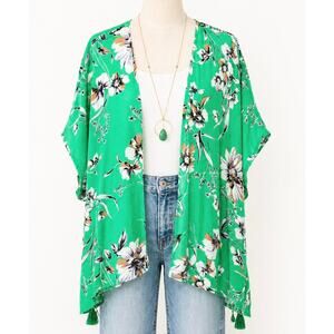Green Floral Chiffon Kimono One Size Open Front Tassel Spring Floral Flowy Easy